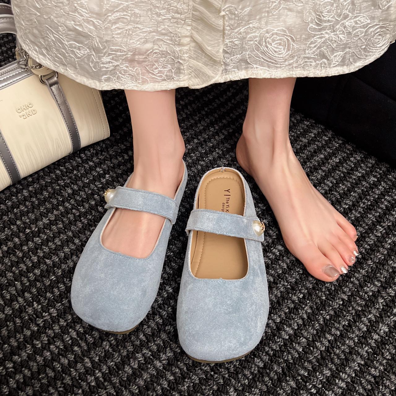 

2025, suela de goma de cuero sintético Zapatos sin cordones Vintage franceses para mujer, Fondo Suave, Plano, Estilo de Hadas 37 светло-синий