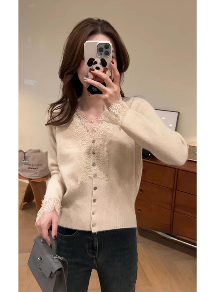 Women's French Lace V-Neck Sweater: Stylish Autumn/Winter Long Sleeve Knit Cardigan.