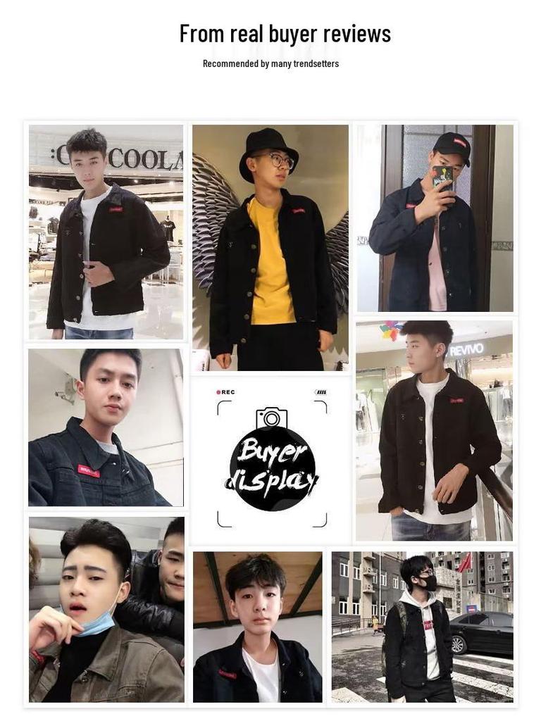 Men's Black Loose Denim Jacket - Spring/Autumn Casual Lapel Top, Trendy Youth Fashion