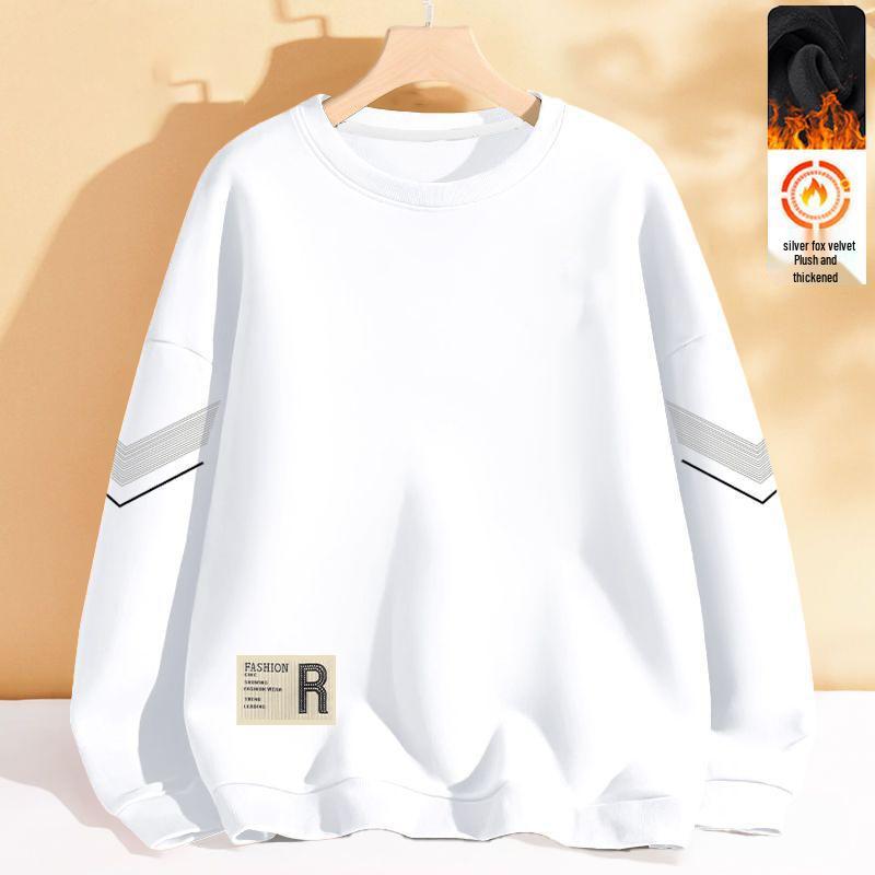 Men's Versatile Long Sleeve Pullover: Round Neck, Loose Fit, Plus Velvet, No Hood, Autumn/Winter Youth Jacket.