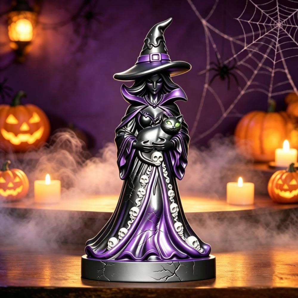 Witch Figurine Statue for Halloween - Resin Home Decor Desktop Ornament, Spooky Gothic Table Decorations for Festival