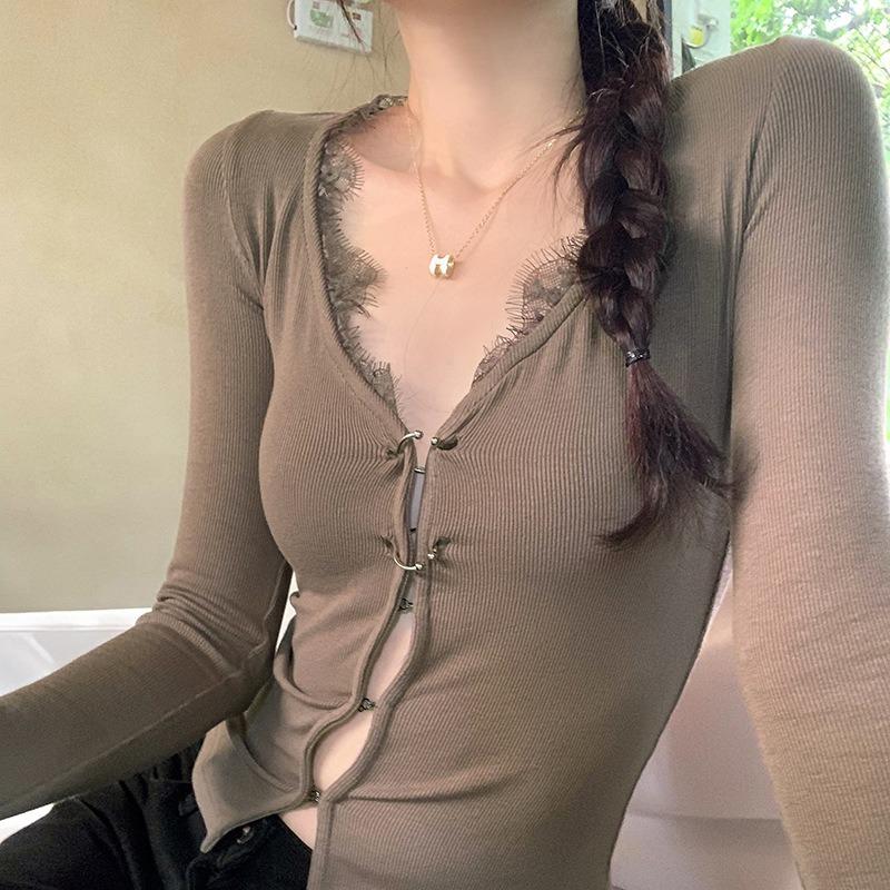 Gray Card Spice Girl Buckle Lace Collar Long Sleeve Spring Women's Inner Top Knitted Cardigan