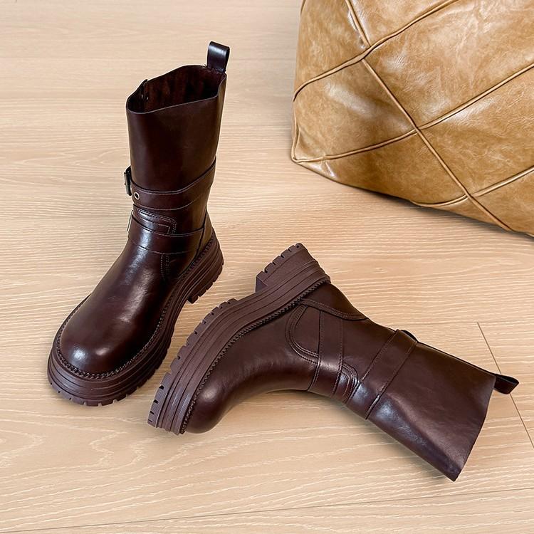 Retro Round Head Versatile Thick Heel Martin Boots 2025 New British Style Belt Buckle Maillard Medium Boots Women