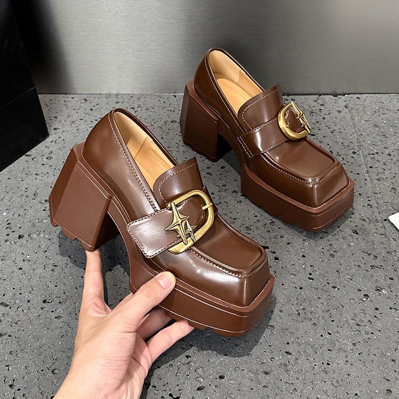British style loafers women's 2025 spring new thick-soled heightened thick-heeled small leather shoes, one pedal high-heeled single shoes
