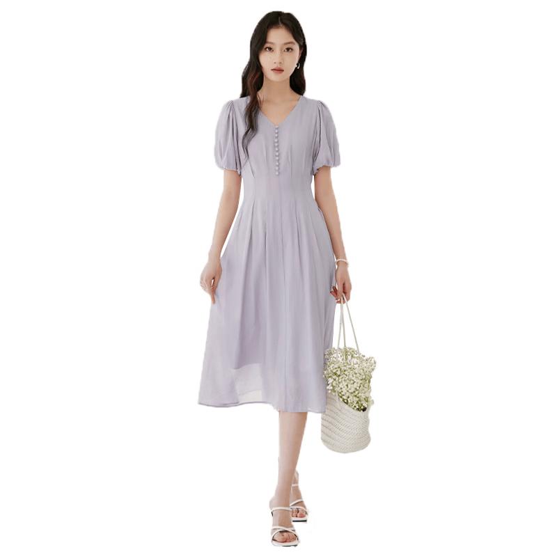 Women s Summer V-Neck Puff Sleeve A-Line Dress S