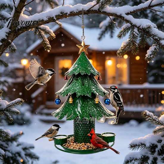 All Weather Rust Proof Bird Feeder Christmas Tree for Outdoor, Metal Hanging Wild with 2 Water Cups, Green Xmas Seeds Tray Garden Patio Outside Decor