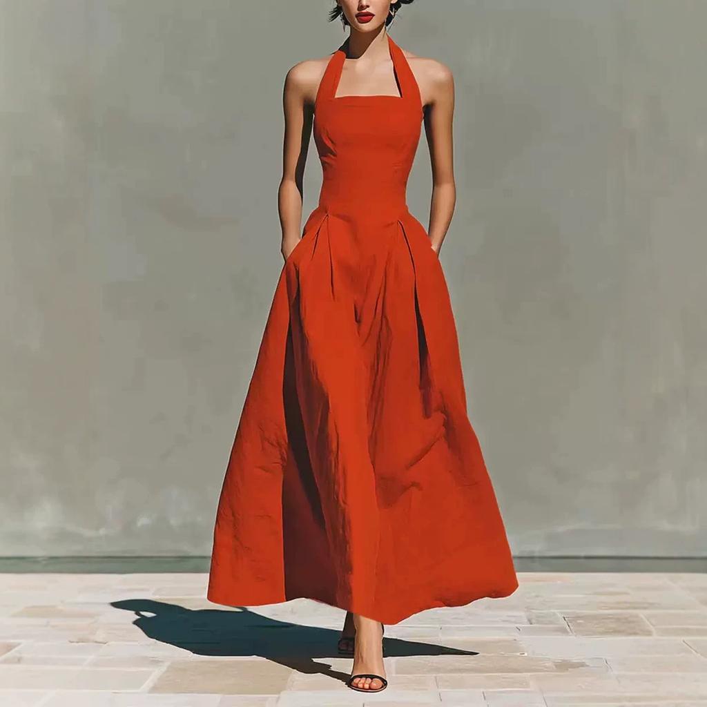European, American spring and summer neck imitation hemp casual fashion slim pocket women's dress
