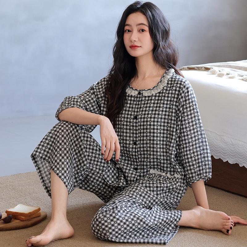 Lyocell pajamas women's spring summer seven-quarter-sleeved nine-point pants middle-aged mother cardigan casual loungewear thin suit