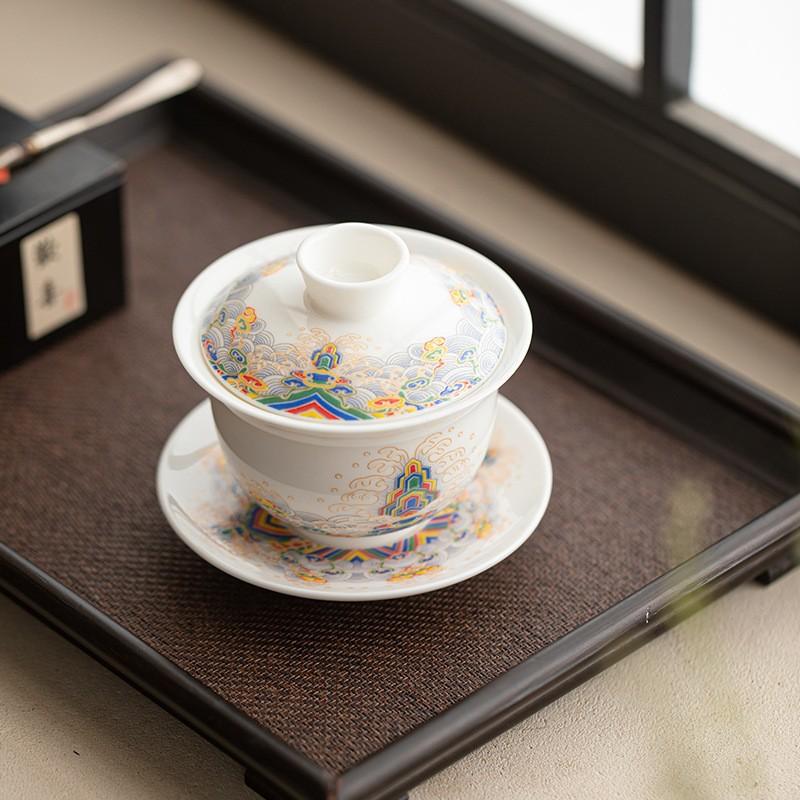 Suet jade wisteria flower three talents cover bowl teacup high-end three-piece set Ru kiln tea making Kung Fu tea set tea bowl can be hovering