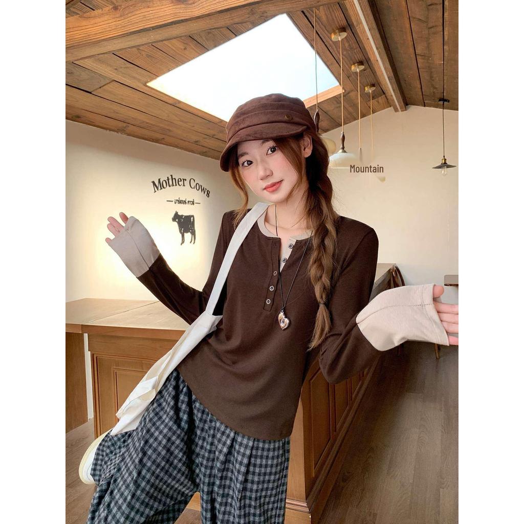 Women's Brushed Half-Button Solid Color Layered Long Sleeve Top - Autumn/Winter Korean Style