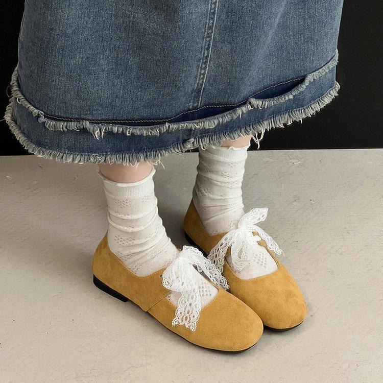 

2025 весна ретро кружева шнуровка квадратный нос балетки на низком каблуке натуральная кожа универсальный темперамент Мэри Джейн женские туфли 40 светло-желтого