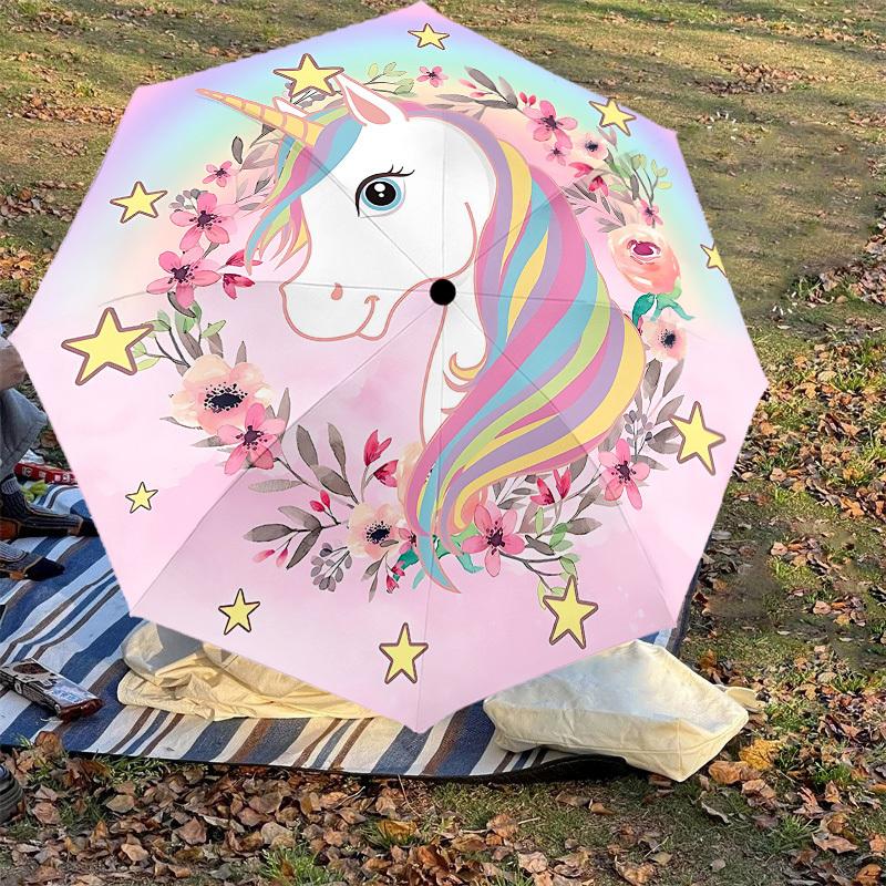 1PC unicorn flowers Umbrella-8-Rib Reinforced, Automatic Open, Lightweight & Durable, Cute Fashion Accessory for Outdoor, Beach or Casual Use, Beach U