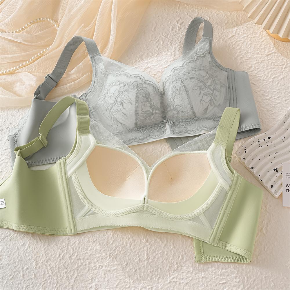 Non-magnetic steel rim bra, light and thin, large breasts, small lace bra, four-breasted breast adjustment type, large size.