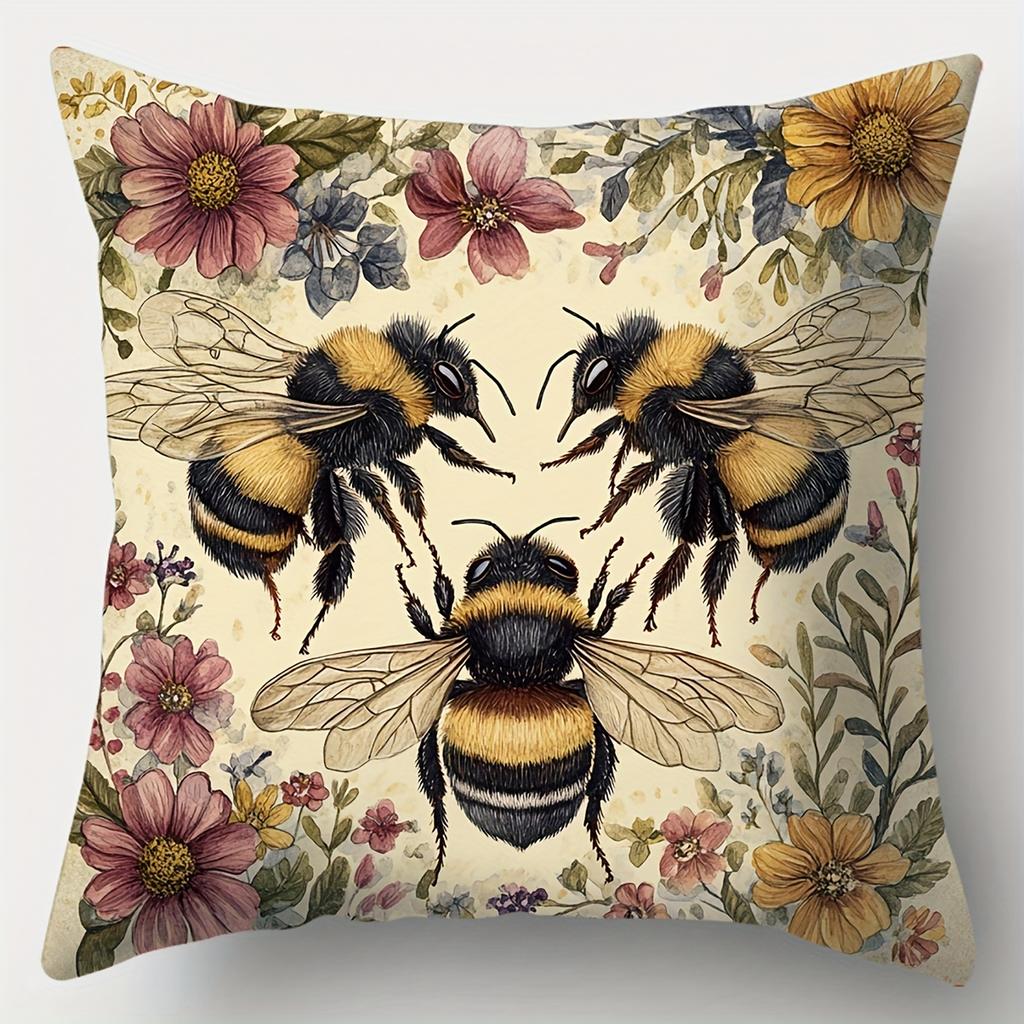 1/4Pcs Floral Bee Print Pillowcases Sofa Cushion Cover Home Bedroom Room Decoration