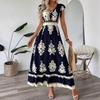 Women Bohemian Summer Short Sleeve V Neck Printed Holiday Big Hem One Piece Dress