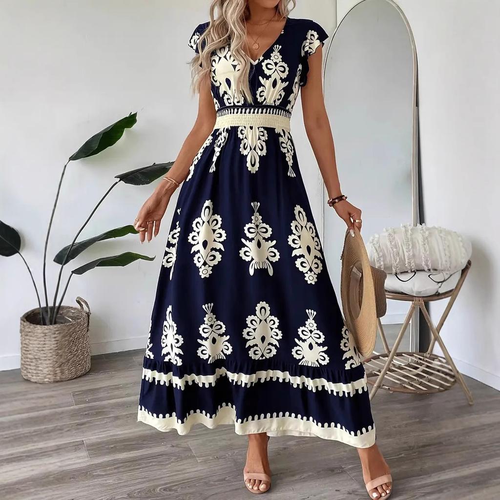 Women Bohemian Summer Short Sleeve V Neck Printed Holiday Big Hem One Piece Dress