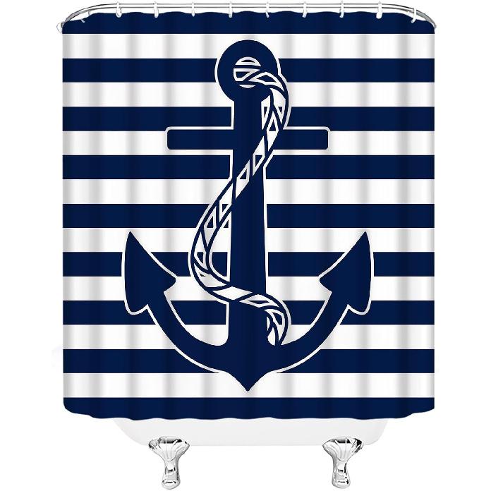 Nautical Anchor Shower Curtain Blue Anchor Navy Blue White Stripes Nautical Theme Ocean Lovers Modern Fabric Bathroom Decor Curtains with Hooks 70W