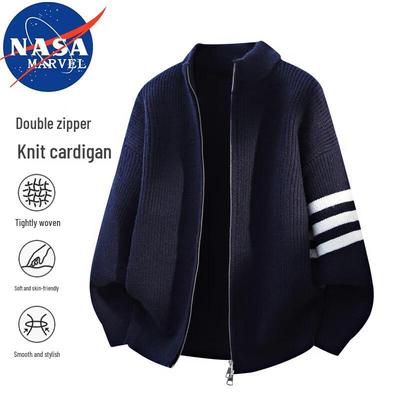 NASA MARVEL Men's 3-Stripe Stand-Collar Cardigan Sweater