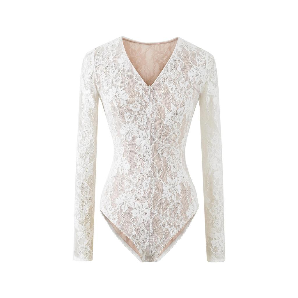 Elegantní krajkový body 2026 se zipem a výstřihem do V - Stylový, zeštíhlující top s dlouhým rukávem