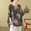 Cotton and Linen Plus Size Women's Printed T-shirt Summer Short-sleeved Ethnic Sleeves Show Retro Mother Loose Floral Top