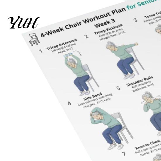 Lumbar Support Chair Workout 4Pcs 4-Week Exercise Chart for Seniors Full Body Seated Stretching Progressive Routine & Strength Poster Low-Impact Home