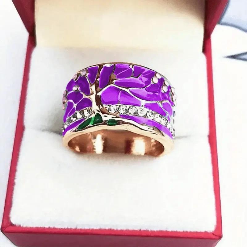 Lucky Flower Tree of Life Rings Fashion Purple Opal Enamel Wide Ring for Woman Party Vintage Jewelry