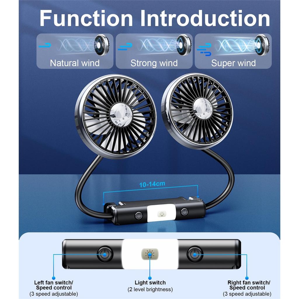 2026 Car Cooling Fan 360 Adjustable Dual Head Car Fan Low Noise Automotive Electric Fan Type C Charge for Dashboard RV Truck