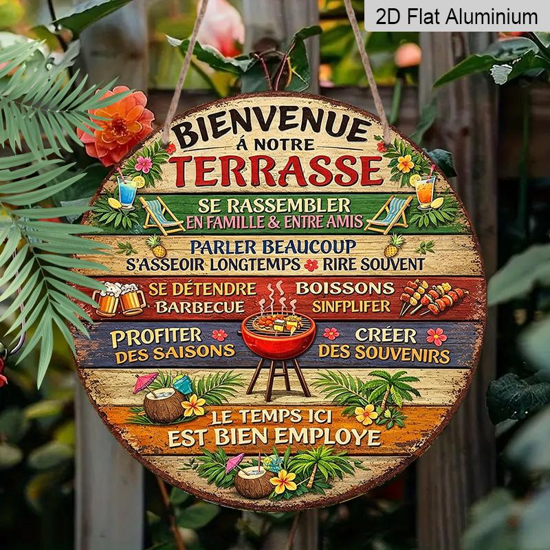 2D Flat, 1pc Round Aluminum Hanging Sign - "Bienvenue a Notre Terrasse" French Patio Rules Metal Wall Art, Tropical BBQ & Cocktail Design, Perfect