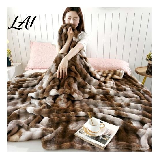 Soft Fuzzy Bed Blanket 3D Bubble Plush Throw Blanket Tie Dye Faux Rabbit Fur Texture Skin Friendly Feel Fleece Warm Cozy Decorative Cover for