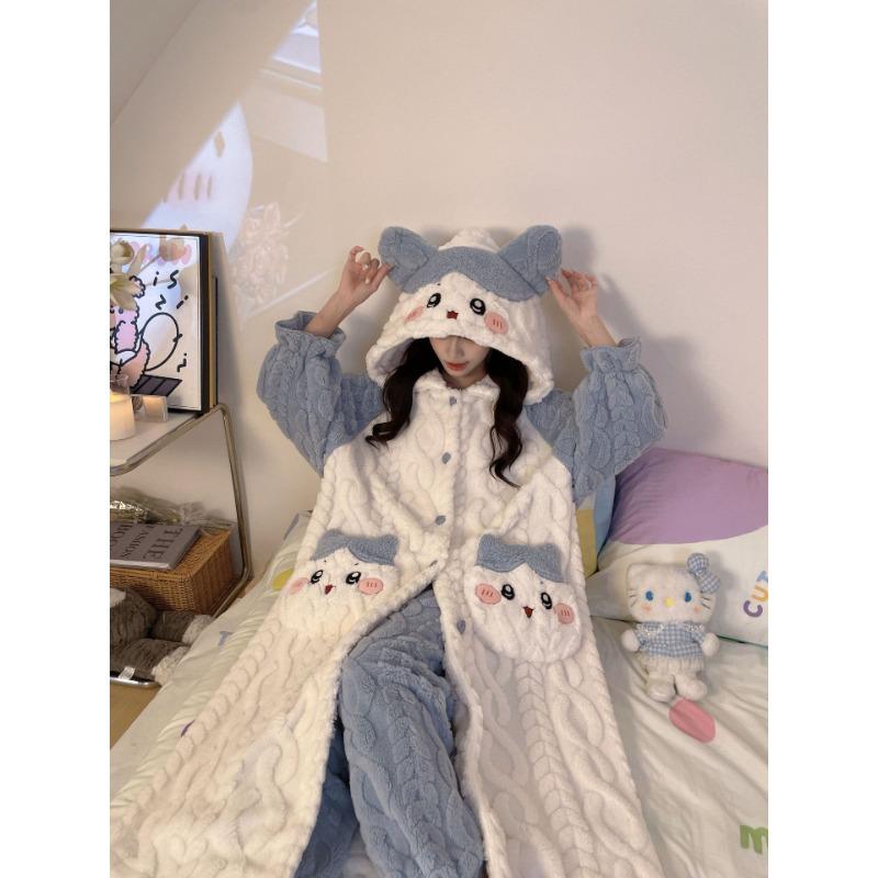 Outono e Inverno Novo Pijama Fofo com Capuz Castorzinho Veludo Coral Pijama de Inverno Feminino Conjunto de Pijama Feminino