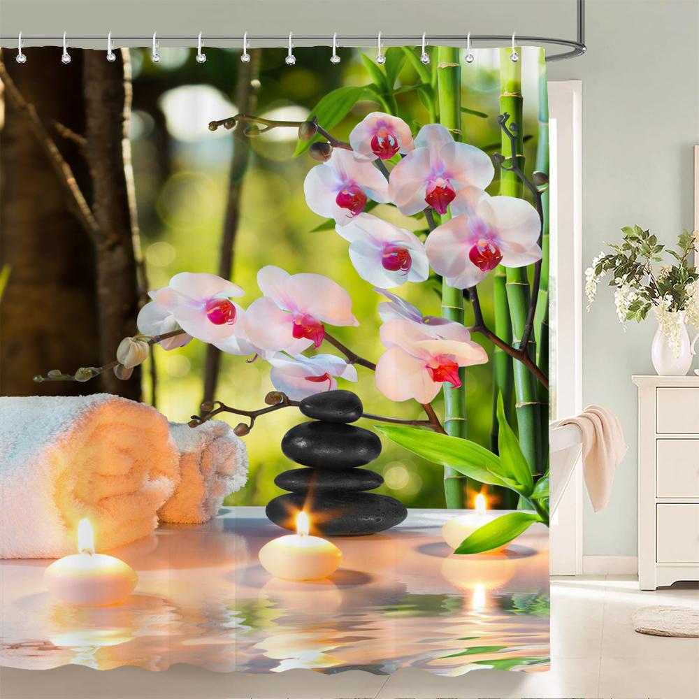 3D Flower Bamboo Pebble Water Green Plant Shower Curtain Waterproof Polyester Curtain Home Decoration Shower Curtain Zen Curtain