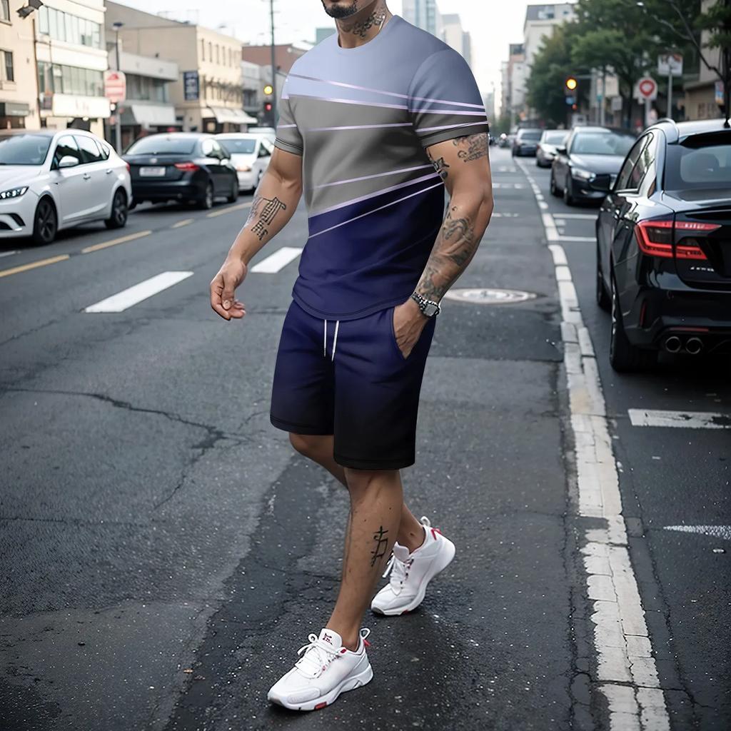 סט בגדי ספורט אופנה לגברים שני חלקים לגברים עם שרוולים קצרים וחולצות טי-שירט ומכנסיים קצרים