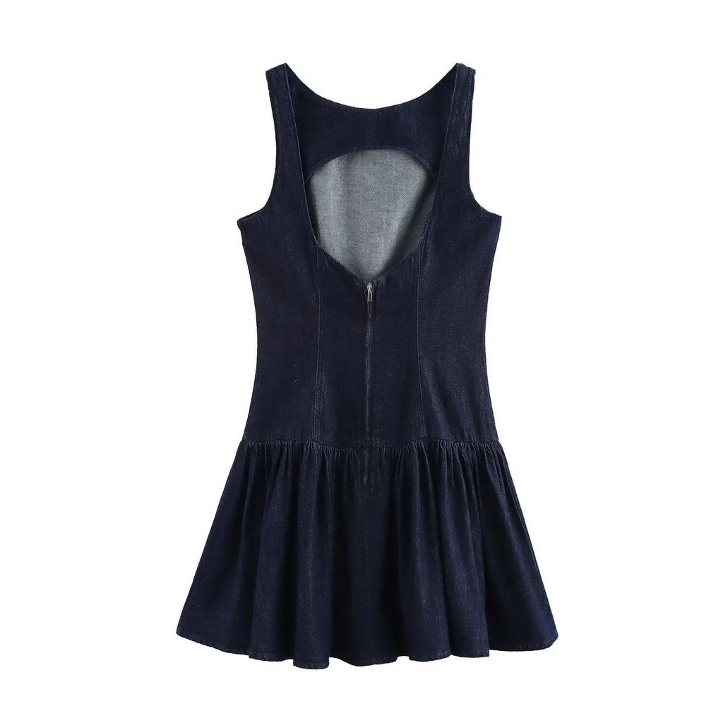2025 Spring/Summer Women's Slim Fit Layered Backless Denim Dress