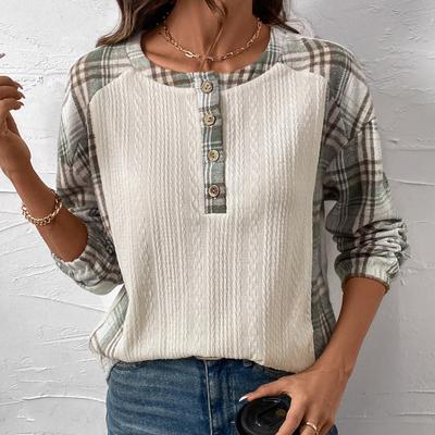Autumn New Casual Retro Style Top with Buttons, Cardigan and Checkered Patchwork T-shirt for Women