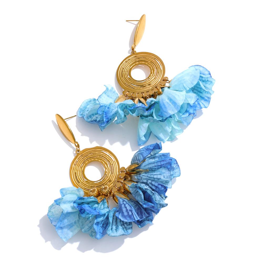 

Yhpup Spring Summer Fashion Bohemian Blue Cloth Flower Drop Earrings Exclusive Stainless Steel Handmade Fairy Jewelry