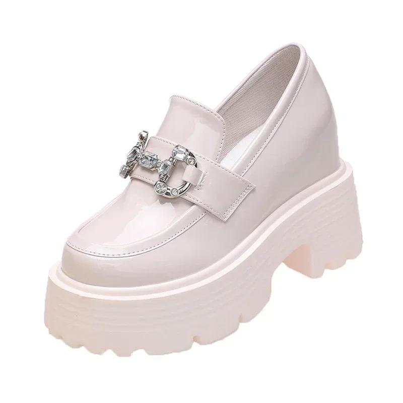 10CM New Autumn Heels Leather Chunky Shoes Women Diamonds High Platform Sneakers Black Tennis Female Vulcanized Shoes Woman