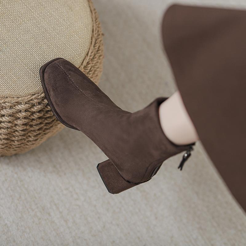 Brown Coarse Heel Short Boots Women's Skinny Boots Season Square Head High Heel Socks Boots Women's Suede Stretch Boots