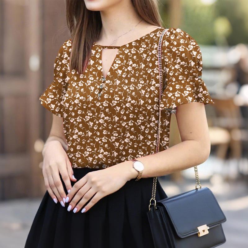 

ZANZEA Женская повседневная летняя блузка с круглым вырезом и коротким рукавом с цветочным принтом 2XL оранжевый