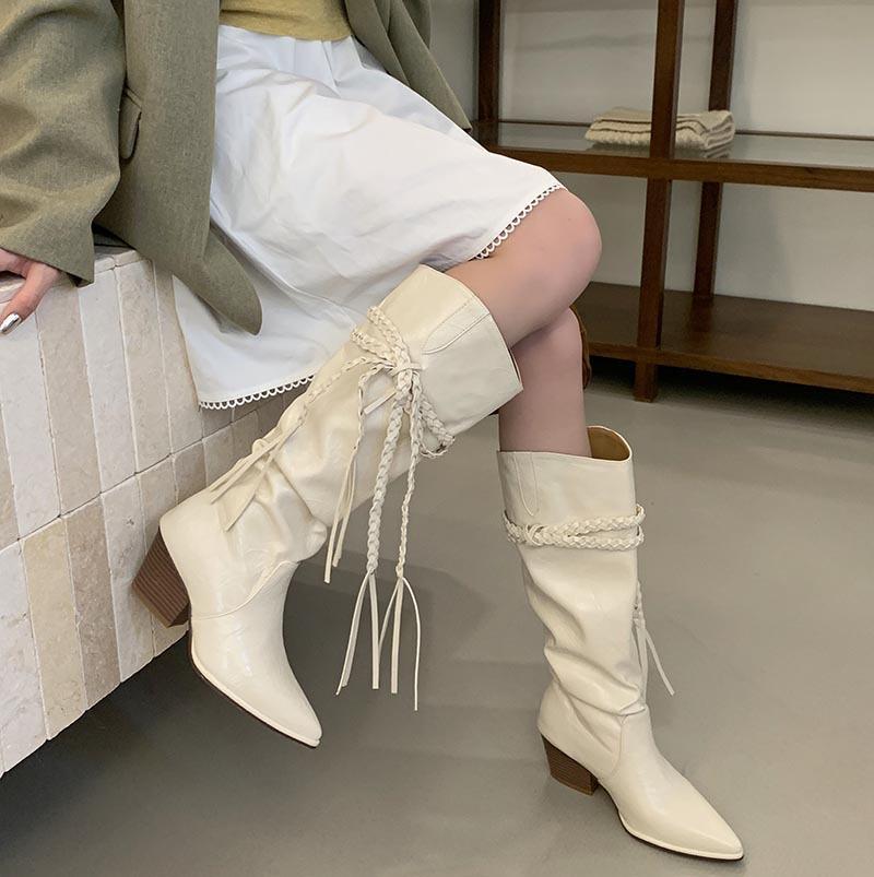 Pointed But Knee High Boots Women's Boots 2025 Autumn and Winter New Suede Retro Thick Heel Lace-up Long Tube Stacking Boots