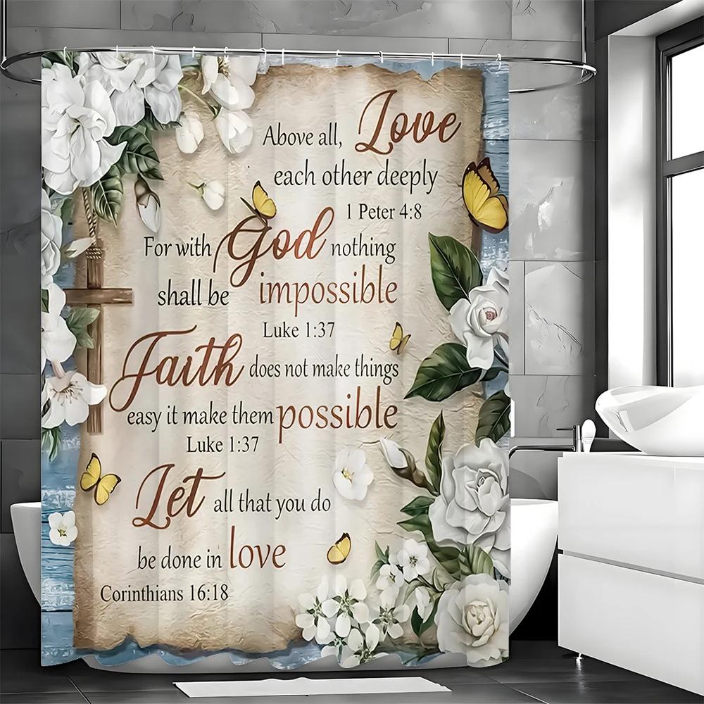Bible Verses Christian Scriptures White Flowers Inspirational Quotes Shower Curtain, Bathroom Decorative Shower Curtains, Waterp