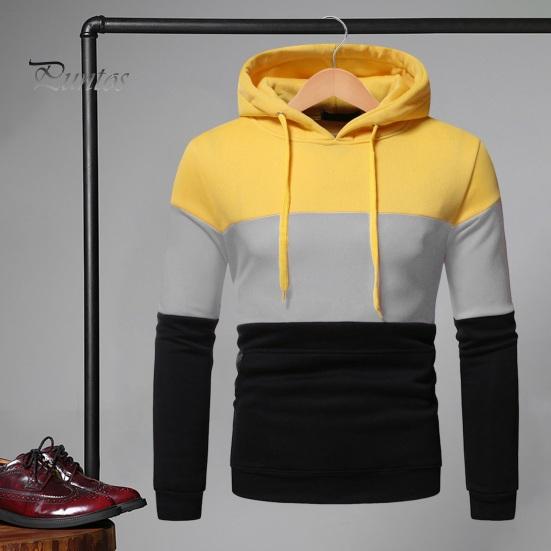 Men Fall Winter Hoodie Colorblock Drawstring Long Sleeves Big Pocket Hooded Retro Thin Loose School Daily Wear Casual Sport Top