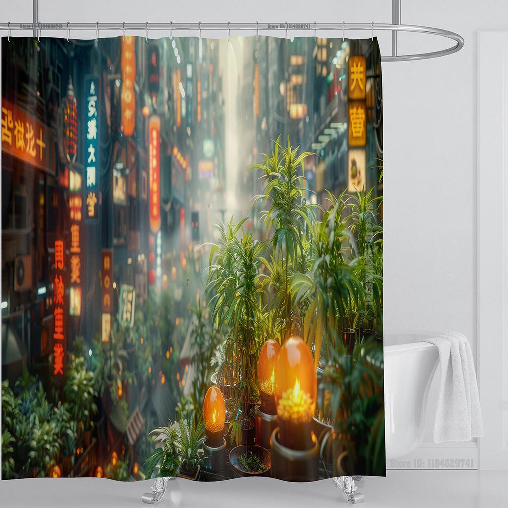 Illustration Japanese Chinese Style Art Print Polyester Washable Waterproof Shower Curtain Bathroom Decoration Bathtub With Hook