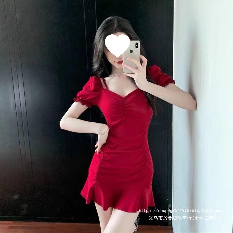 High-end Elegant Red Dress Lotus Leaf One-word Short-sleeved Fishtail Waist Clothes Pleated Suspender Short Dress