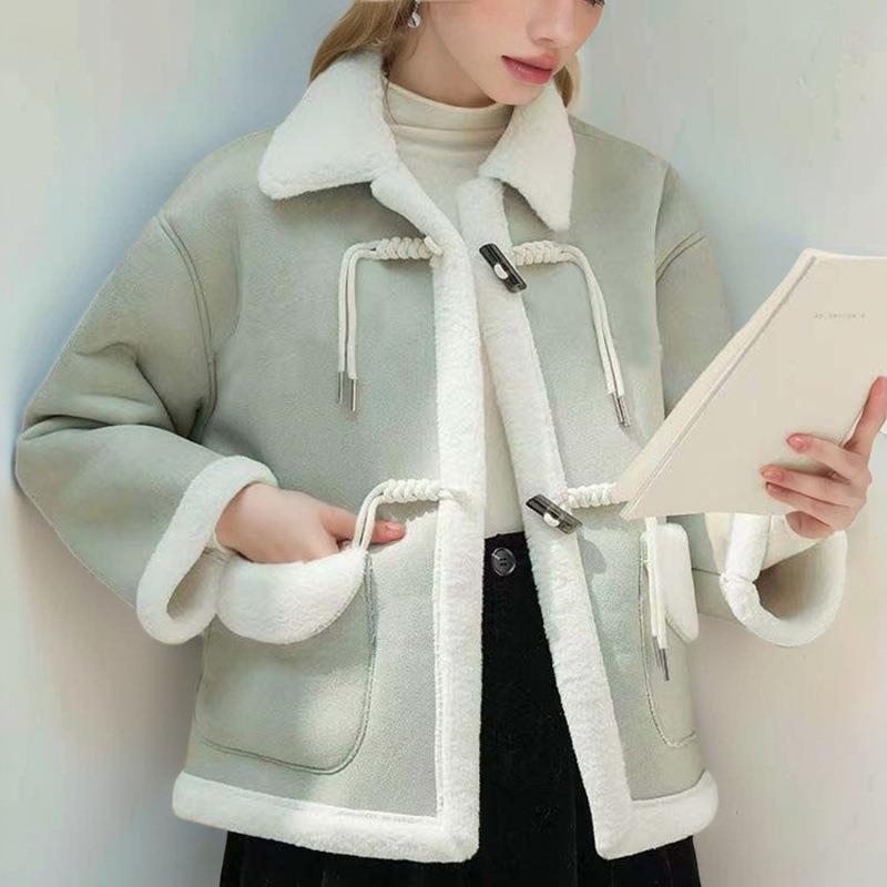 

Куртка из искусственной кожи под овчину, осенне-зимняя женская новая, в стиле локомотива, из оленьей кожи, вельветовая, короткая, с мехом, интегрированная, студенческая 3XL 135-150 зелёный