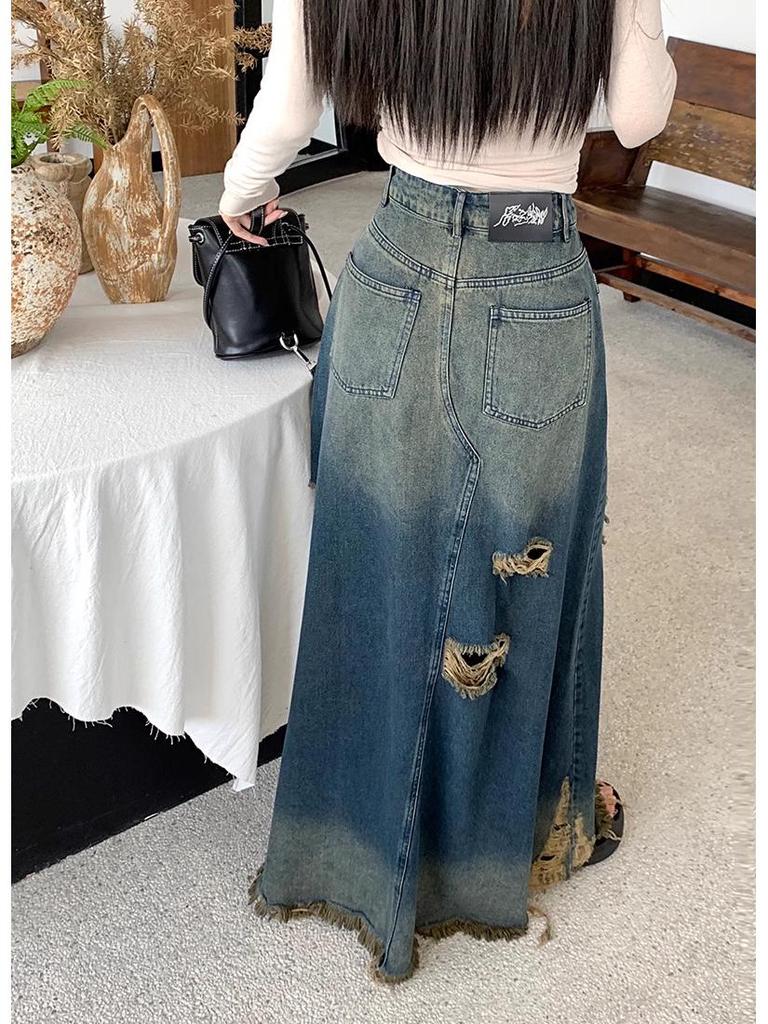 American Retro Plus Size Ripped Denim Midi Skirt for Women - High Waist, Slimming, Niche Design
