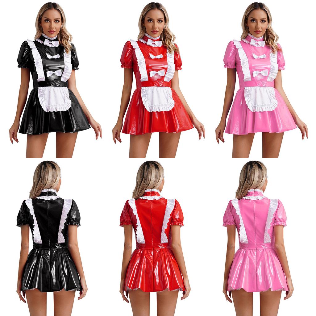 Womens Naughty Maid Uniform Clubwear Glossy Patent Leather Maid Cosplay Dress Ruffles Trims Bow Apron Puff Sleeve A-Line Dress