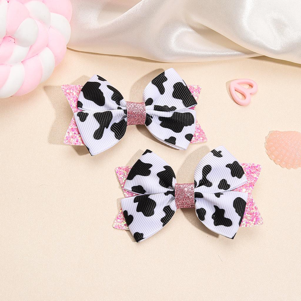2Pcs Cow Print Bow Hair Clip Sweet Cute Dot Bownot Glittering Hairpin For Kid Girls Children's School Daily Headwear Accessories