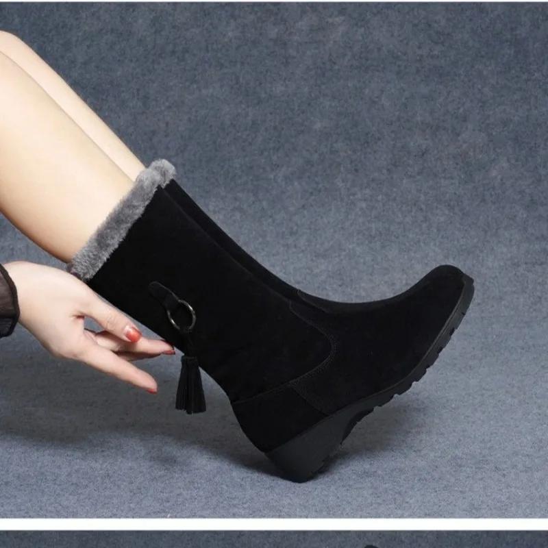 Moda 2024 Buty dla Kobiet Do Połowy Łydki Damskie Kozaki Zwięzłe Śniegowce Kobiety Frędzle Okrągły Nosek Boczny Zamek Niski Obcas Duży Rozmiar Damskie Buty