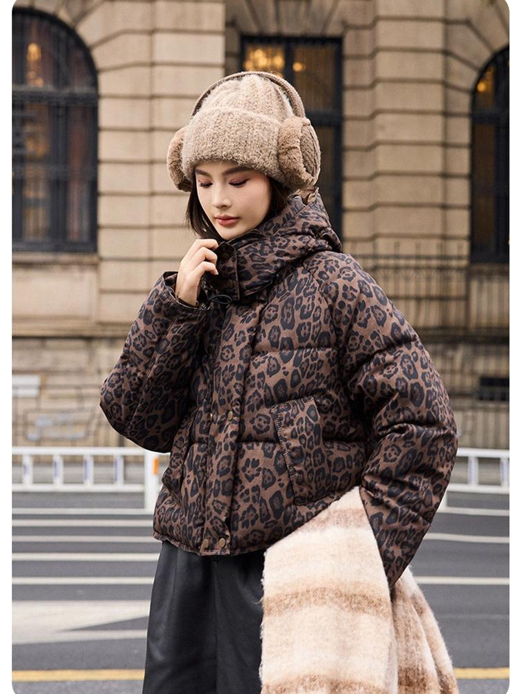 Women's Thickened Short Detachable Hood Leopard Print Jacket