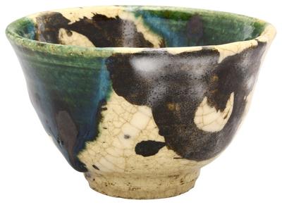 Seto Ware Tea Old Oribe Approximately 9cm Diameter X Capacity Approximately Made In Product Number "Sanji Gosan" High-footed Bowl, Senchawan, Pattern,